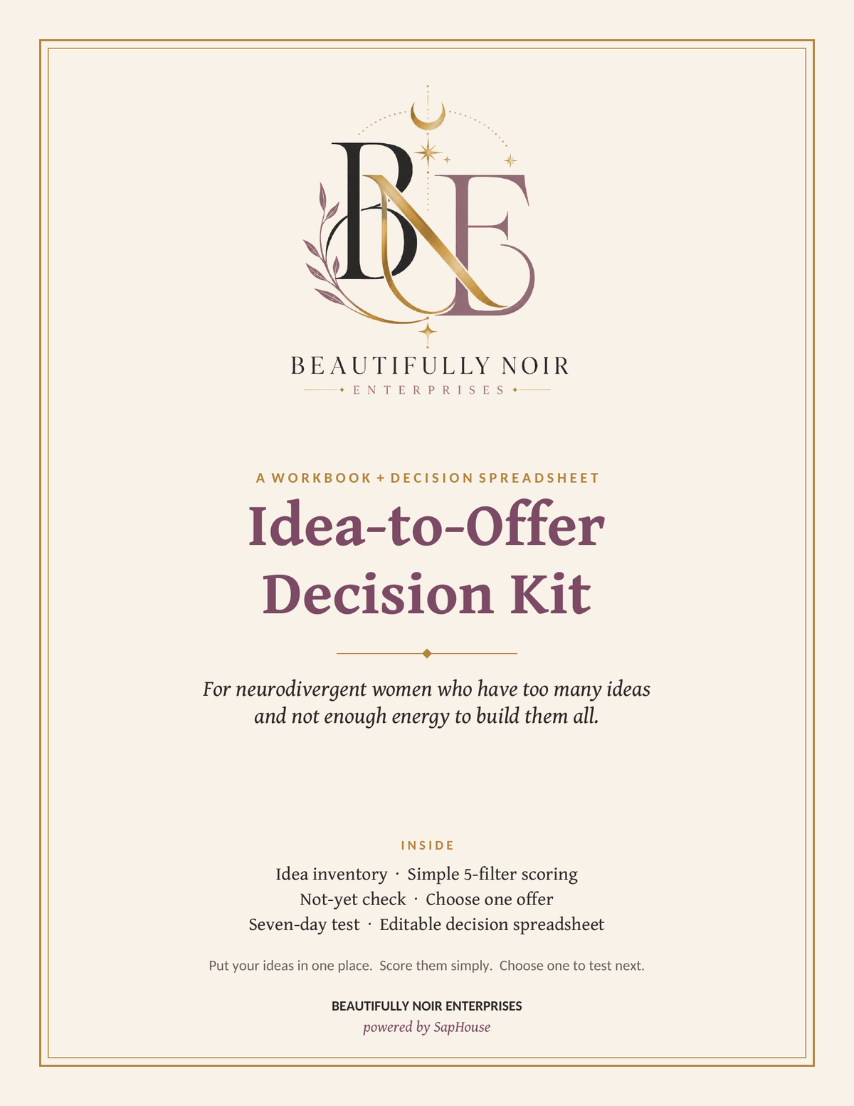 Idea-to-Offer Decision Kit for Neurodivergent Women | Pick One Business Idea to Build Next