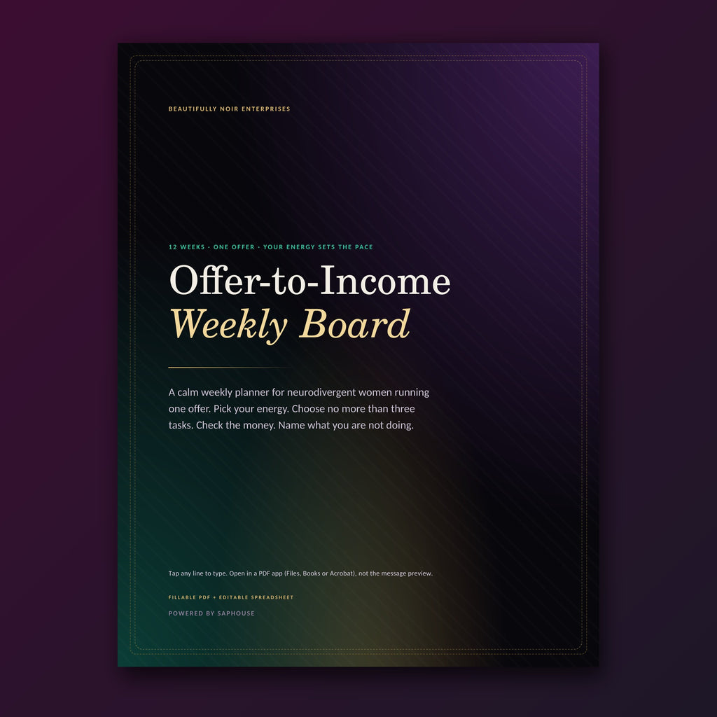 Offer-to-Income Weekly Board for Neurodivergent Women | A Fillable 12-Week Low-Energy Business Planner