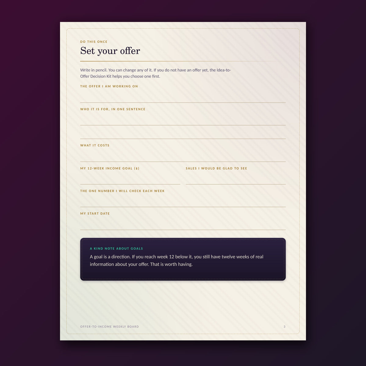 Offer-to-Income Weekly Board for Neurodivergent Women | A Fillable 12-Week Low-Energy Business Planner